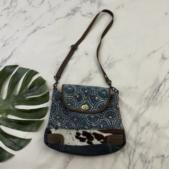 Myra Bag Cross Body Purse Patchwork Canvas Leather Brown Blue Boho Calf Hair - Picture 1 of 7